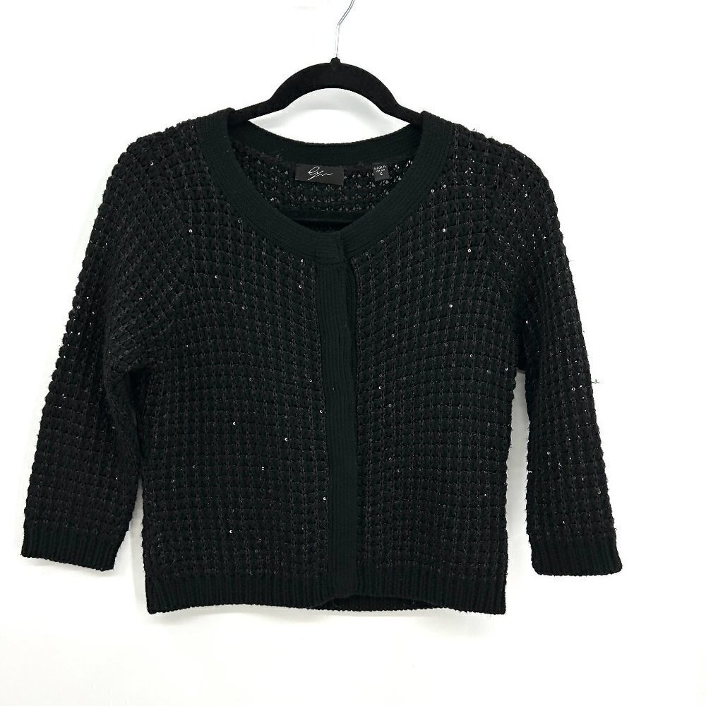 CYRUS Black Knit Metallic Sequin Snap Button Up Cardigan Sweater Size Small